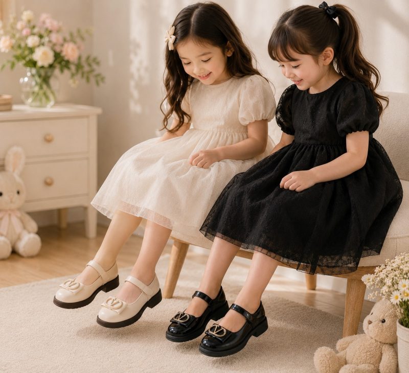 کفش مجلسی دخترانه بچه‌گانه شیک | مدل بندچسبی مشکی و کرم - Image 5